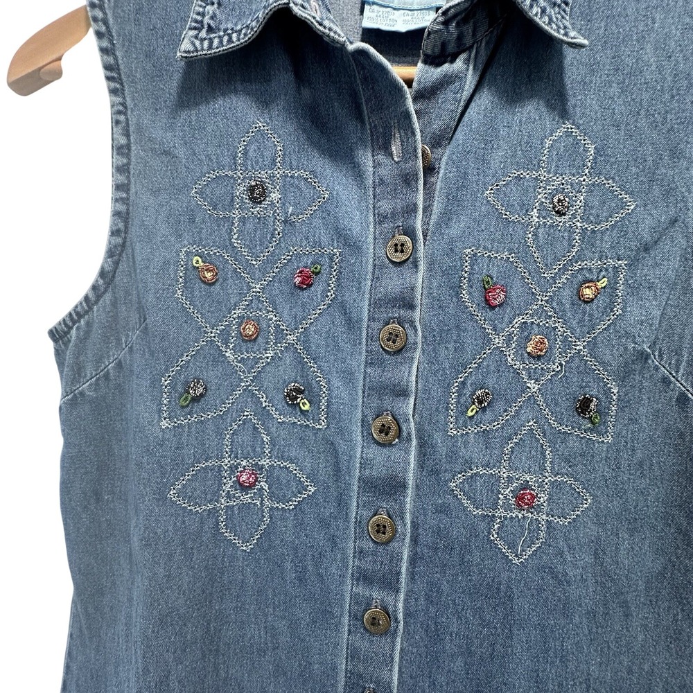 VTG Y2K Denim Maxi Dress Womens Size 6 Button Front Sleeveless Embroidered‎ Boho